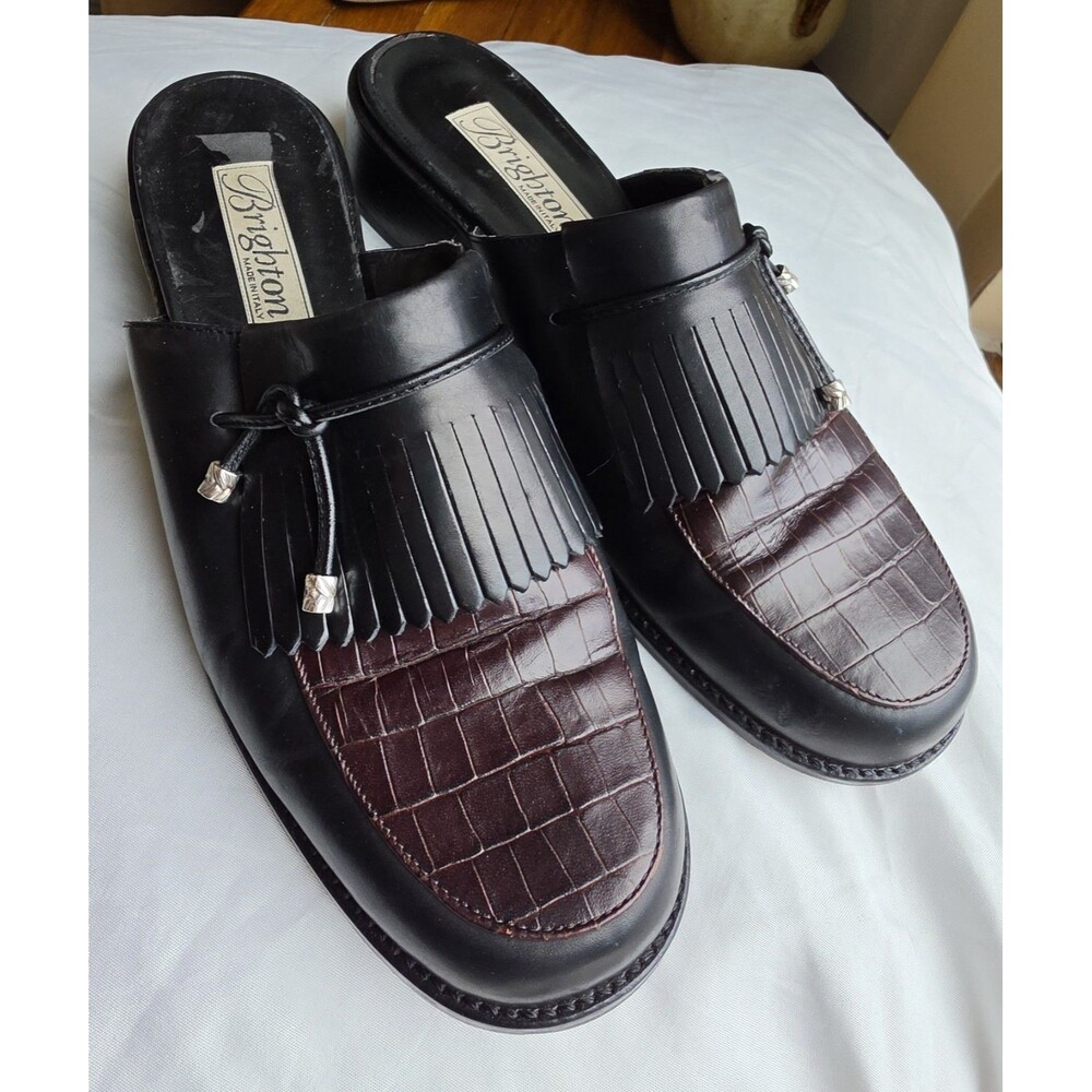 Brighton Darma Mules 10M Black Brown Croc Embossed Leather Tassel Fringe Italy